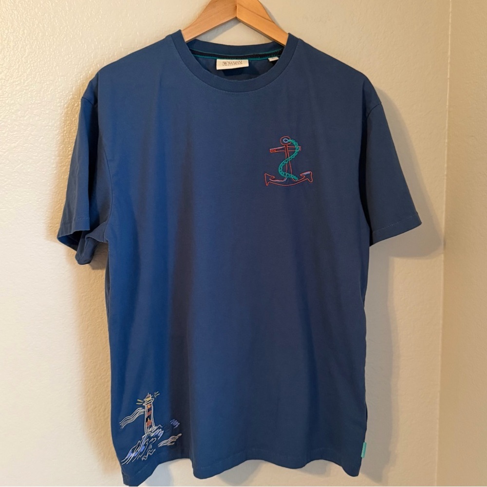 Scotch & Soda Amsterdam Men’s Blue Graphic Tee Embroidered Anchor Lighthouse L